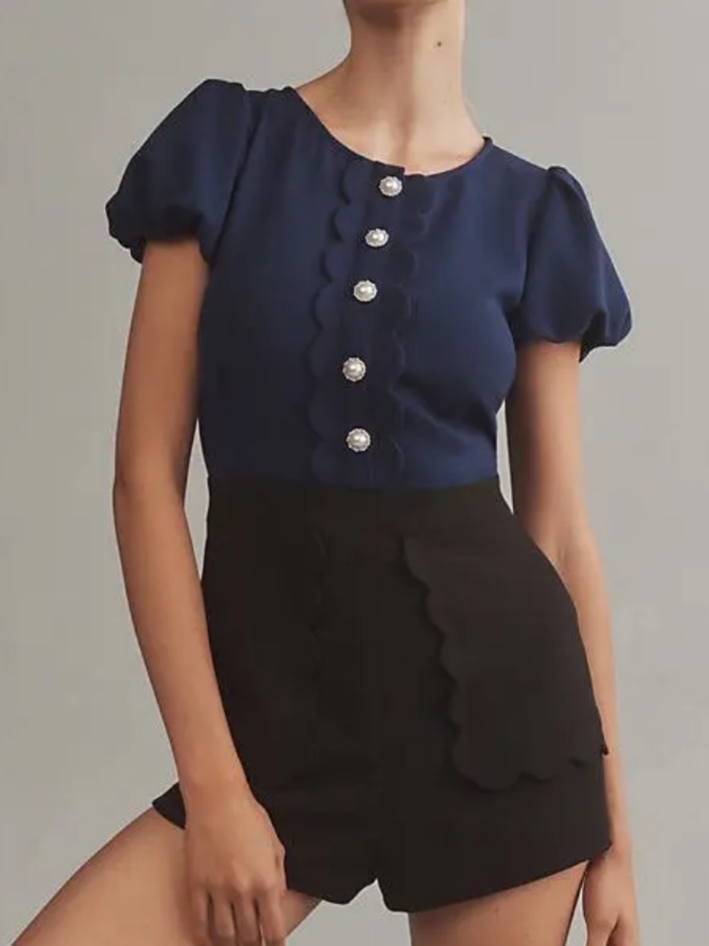 Anthropologie Navy and Black Scalloped Romper with Pearl Buttons